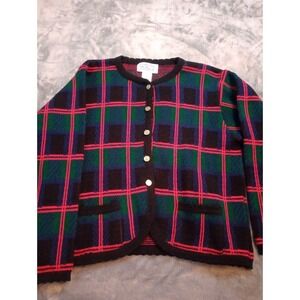 Vintage Tally Ho Plaid Cardigan Sweater Size M Green Black Red Tartan Christmas